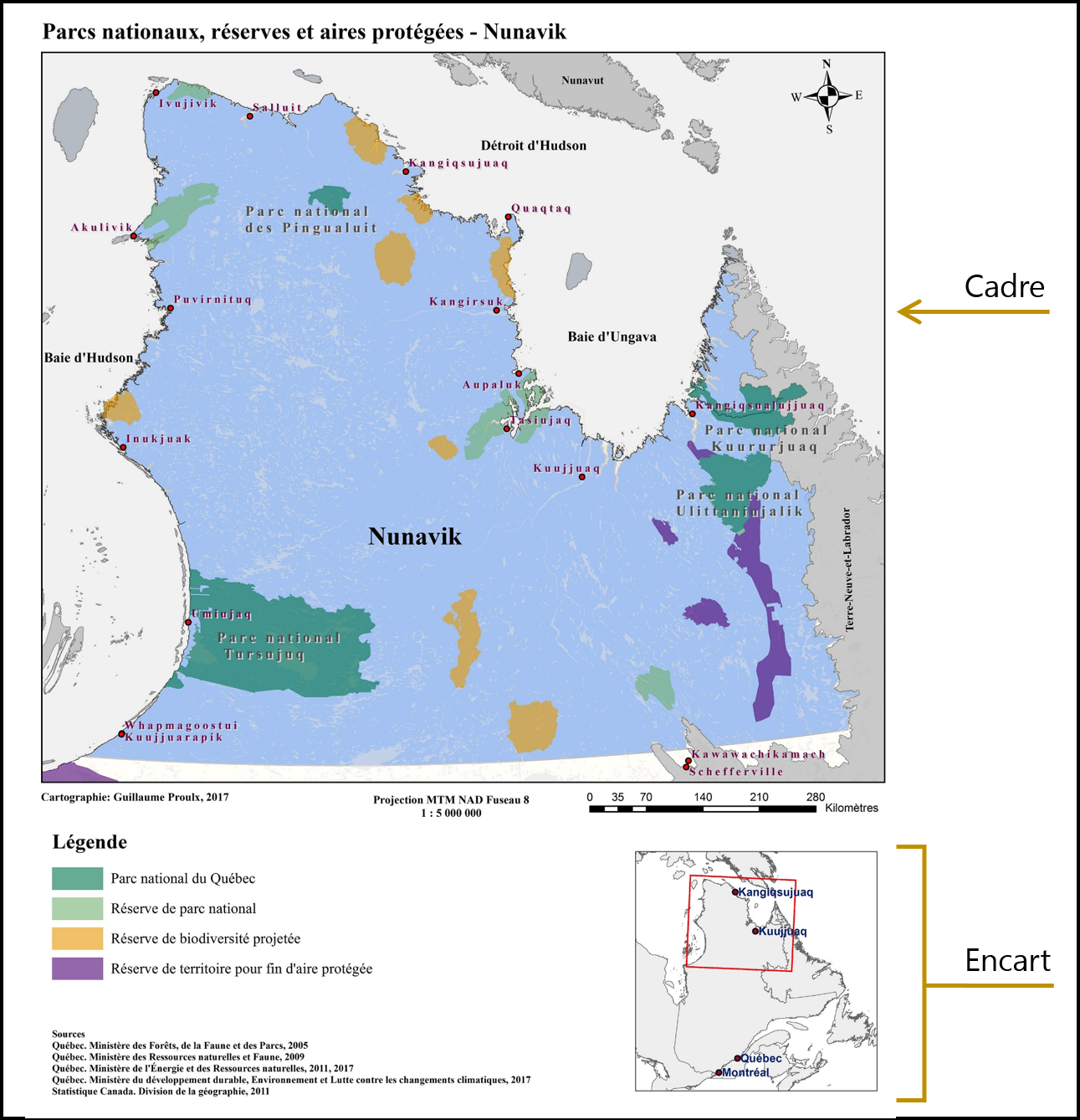 Un cadre et un encart sont des éléments optionnels de la mise en page d'une carte (source: Proulx et al. 2019).