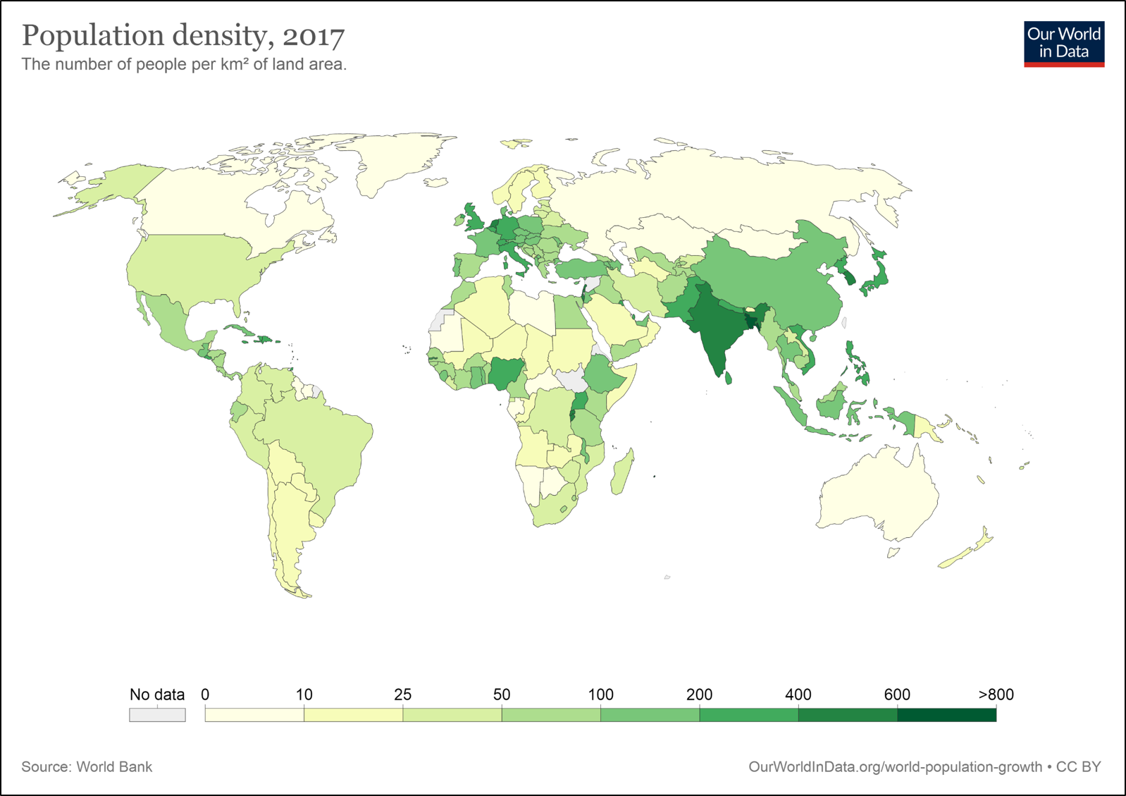 Densité de population à l'échelle mondiale. (Source:https://ourworldindata.org/most-densely-populated-countries).