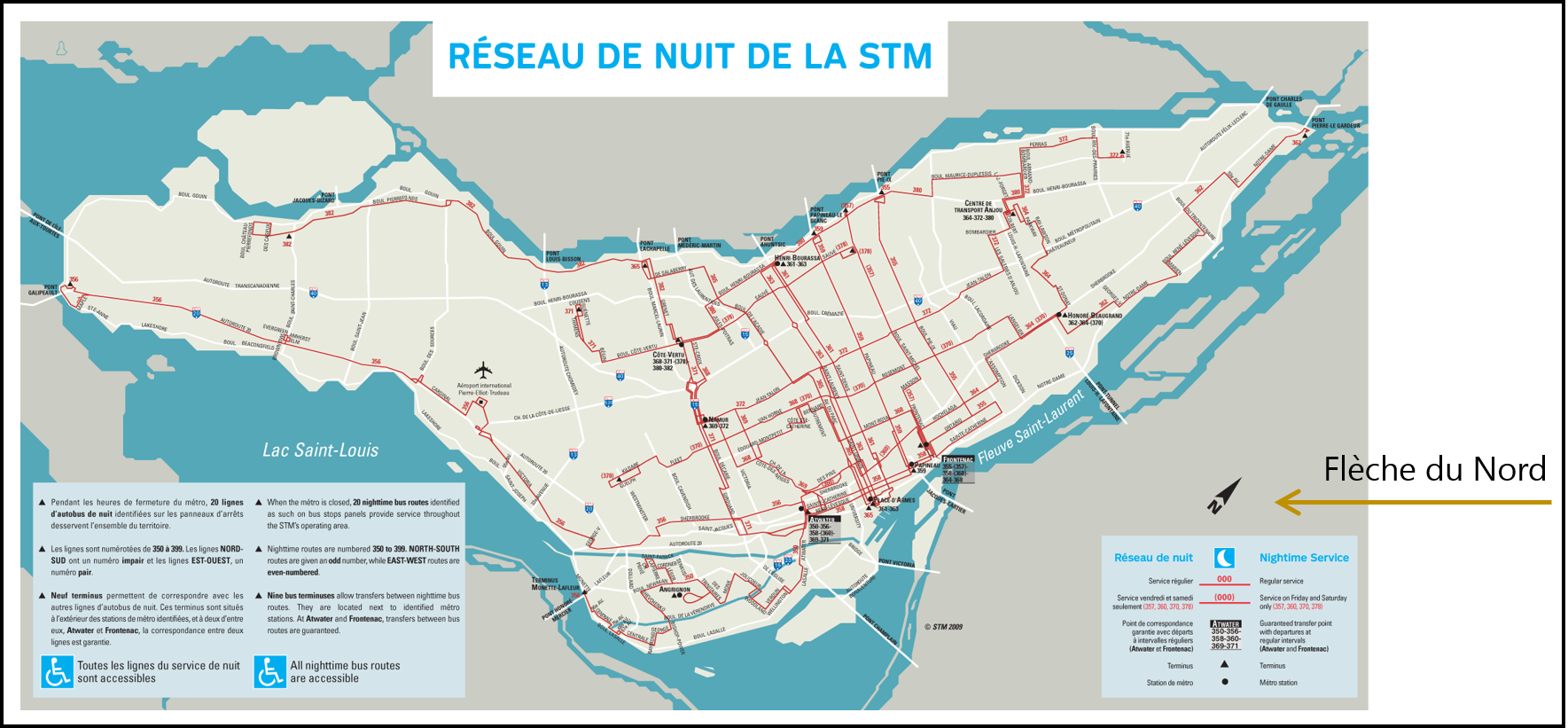 La flèche du nord est indispensable lorsque ce dernier ne correspond pas au haut de la carte (source: http://www.mondecarte.com/carte/canada/montreal/montreal_night_bus_plan.png).