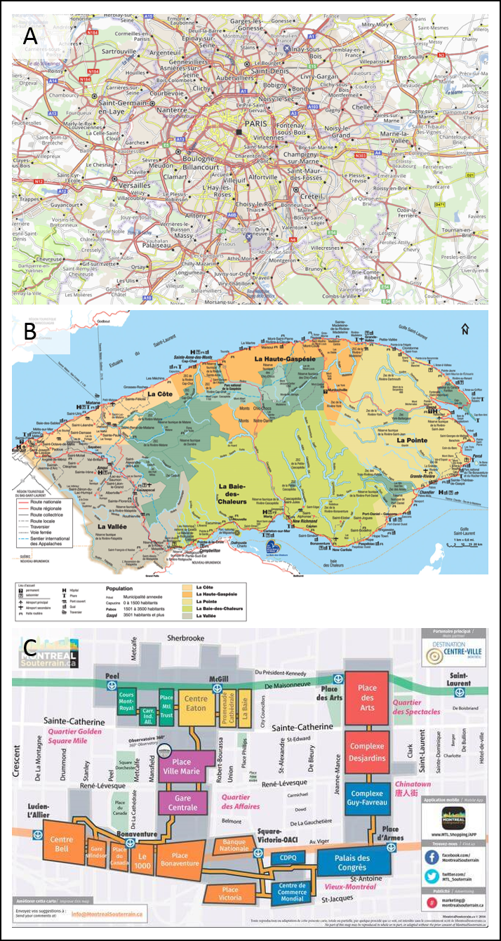 Exemples de carte générale. A) Carte routière des environs de Paris (source:https://fr.viamichelin.be/). B) Carte touristique de la Gaspésie (source: http://motoplus.ca). C) Plan du Montréal souterrain (source: https://voyage-montreal.com/montreal-souterrain ).