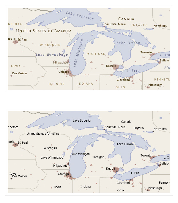 Exemple de carte où l'écriture a été améliorée. La carte du dessus fait l'usage de caractères de tailles, de fonte, de couleurs et d'orientation différentes créant une hiérarchie visuelle efficace (source: https://www.axismaps.com/) .