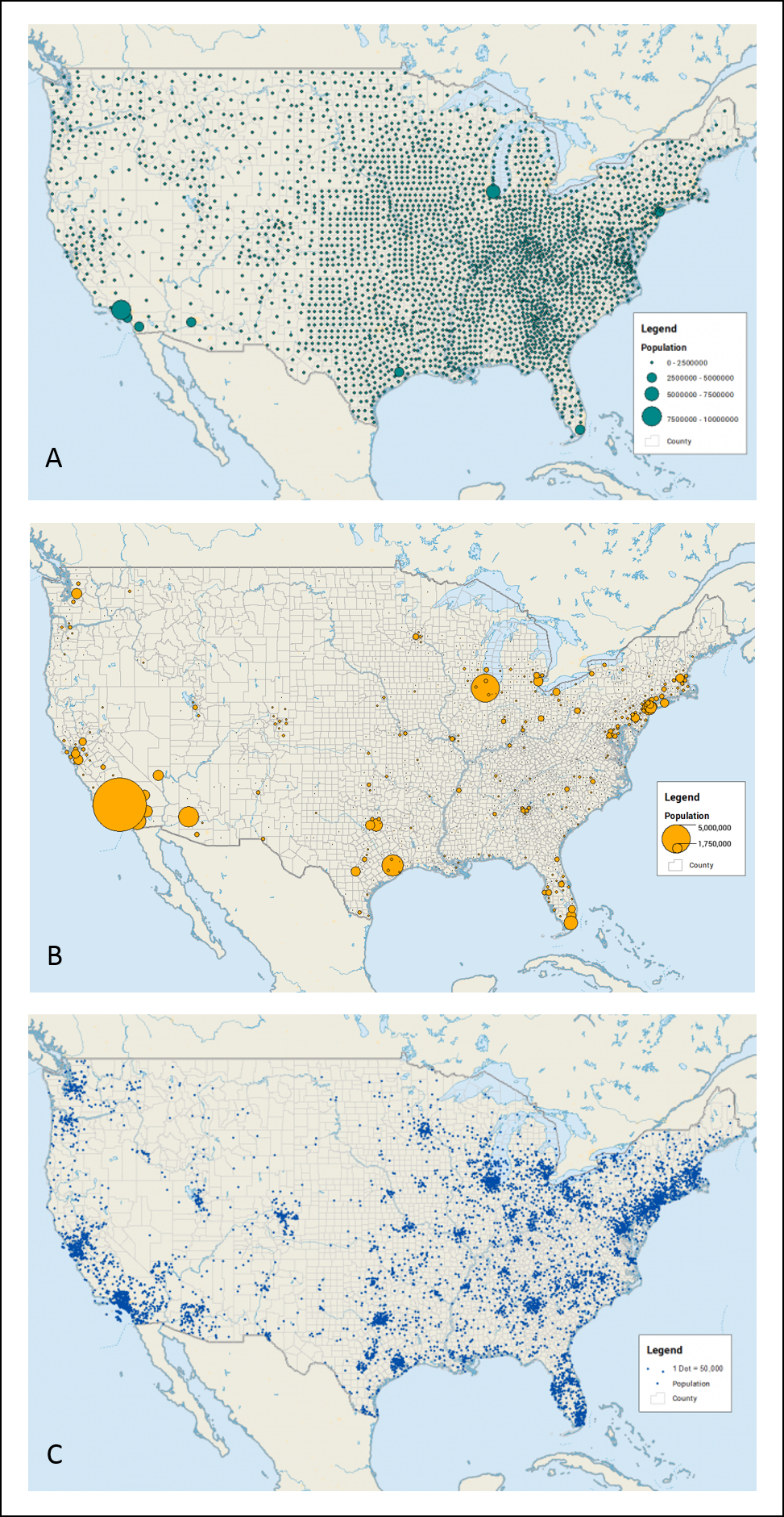 Exemples de (A) carte avec symboles gradués, (B) carte avec symboles proportionnels, (C) carte de densité de points (source: GISGeography 2021. *Dot Distribution vs Graduated Symbols vs Proportional Symbol Maps*: https://gisgeography.com/dot-distribution-graduated-symbols-proportional-symbol-maps/, Consulté le 30 mars 2021).
