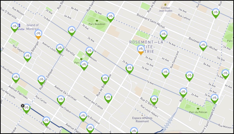 L’emplacement des stations de vélo en libre partage, *Bixi*, dans un quartier de Montréal correspond à une géométrie multipoints. Source : https://secure.bixi.com/map/.