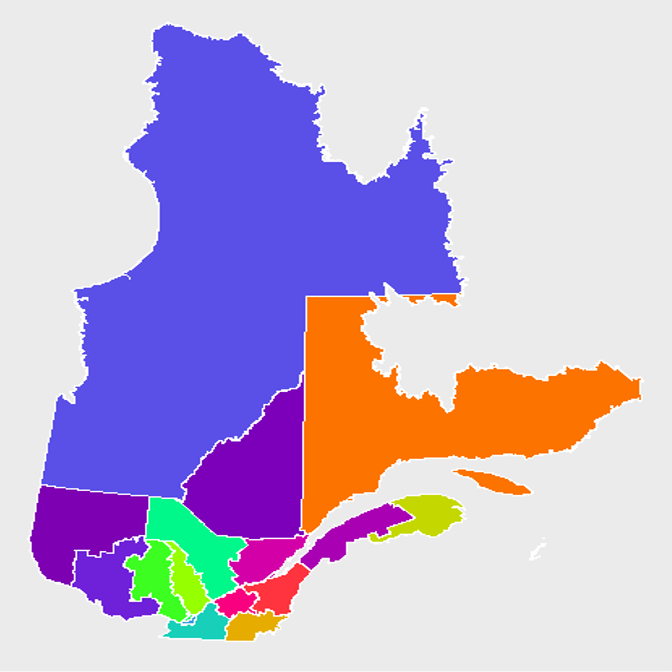 Exemples de données vectorielles et matricielles. Gauche: La carte délimitant les régions administratives du Québec est formée à partir de données vectorielles. Droite: La carte topographique du Québec (source : [https://mern.gouv.qc.ca/repertoire-geographique/carte-relief-quebec/)](https://mern.gouv.qc.ca/repertoire-geographique/carte-relief-quebec/))