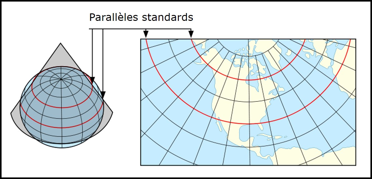 Projection conique conforme de Lambert. Source : United States Geological Survey, récupérée sur Wikipedia