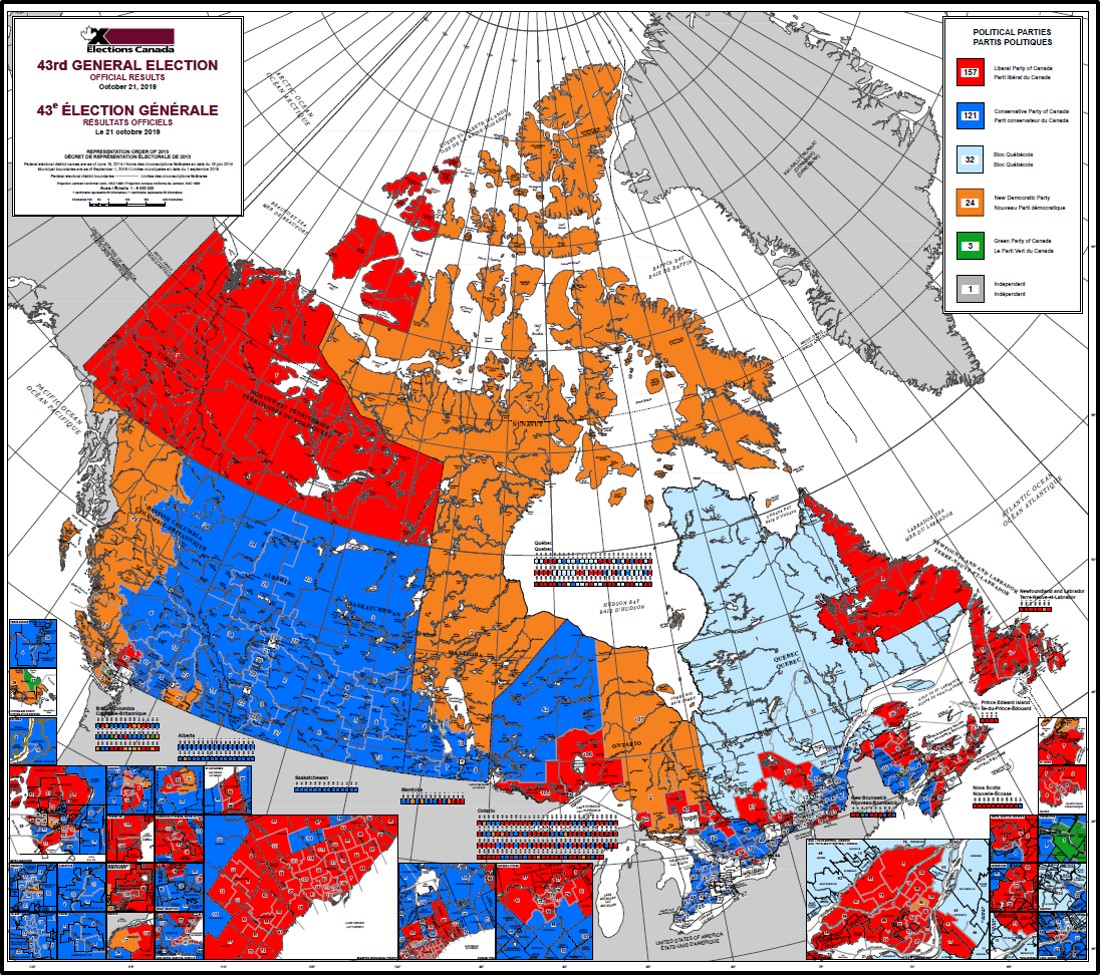 Un exemple de projection conique de Lambert. La carte des résultats des élections fédérales canadiennes de 2019. Source : Élections Canada.