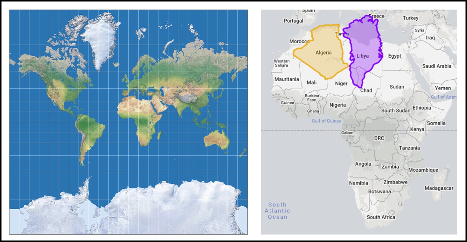 Projection de Mercator. À gauche, on observe que les méridiens sont équidistants tandis que les parallèles s’écartent en se dirigeant vers les pôles (source : Tobias Jung, https://map-projections.net/). À droite, on observe que la superficie réelle du Groenland (en mauve) est similaire à celle de l’Algérie (source : https://thetruesize.com/