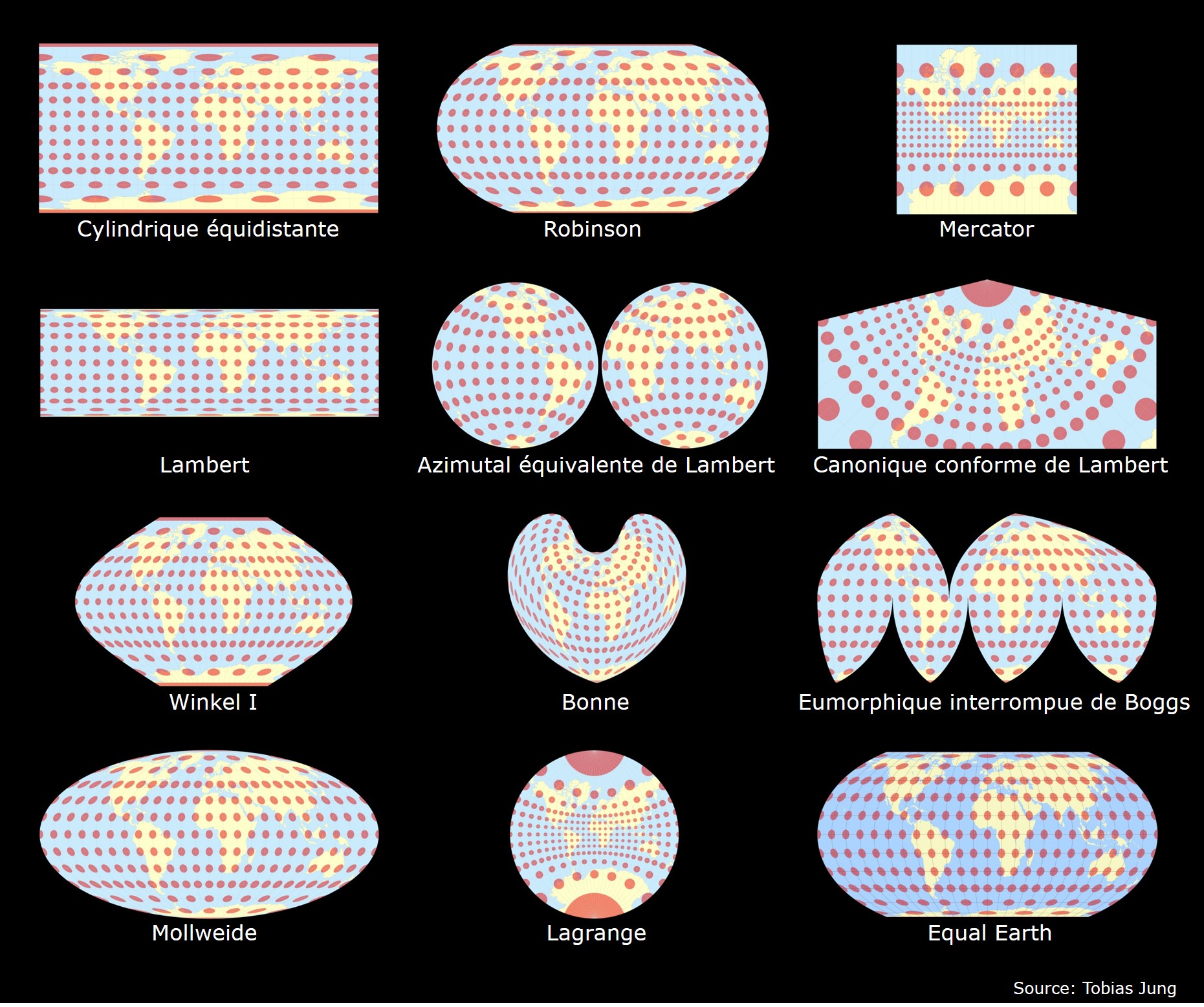 Indicatrice de Tissot pour les 12 projections de la figure \@ref(fig:projections).  L’ensemble des cartes est tiré du site : https://map-projections.net/