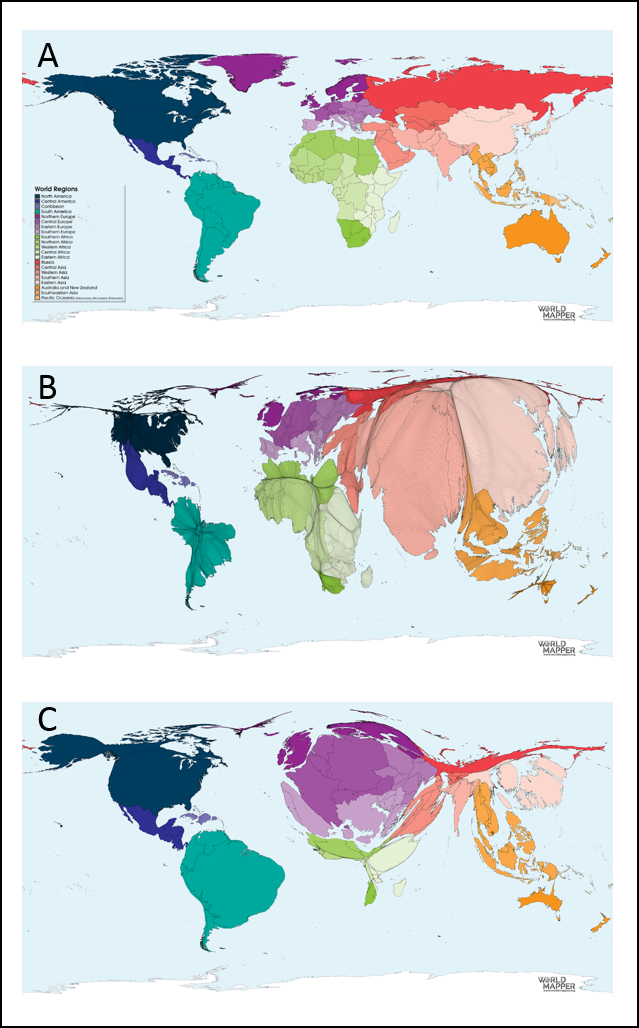 Exemples de (A) carte du monde avec une représentation non modifiée des superficies des états, (B) carte de la population mondiale (la superficie de chaque territoire est proportionnelle à la fraction de la population mondiale y habitant), (C) Carte de la consommation de café en 2014 (la superficie de chaque territoire est proportionnelle à la proportion mondiale de café qui y est consommé (kg par habitant)) (source:https://worldmapper.org/).