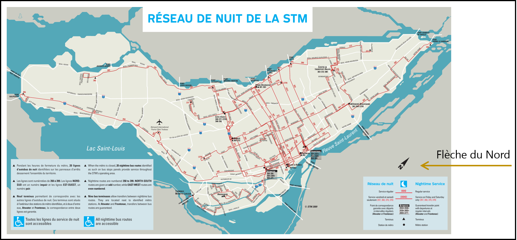 La flèche du nord est indispensable lorsque ce dernier ne correspond pas au haut de la carte (source: http://www.mondecarte.com/carte/canada/montreal/montreal_night_bus_plan.png.