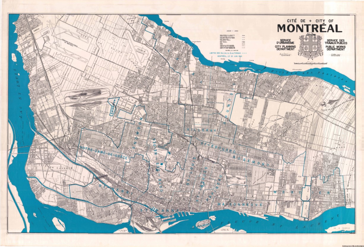 Représentations de Montréal en 1556, 1645, 1758, 1843, 1897, 1920, 1960, et 1982 (dans l’ordre allant de gauche à droite et de haut en bas). Sources: [Archives Montréal](https://archivesdemontreal.ica-atom.org/).