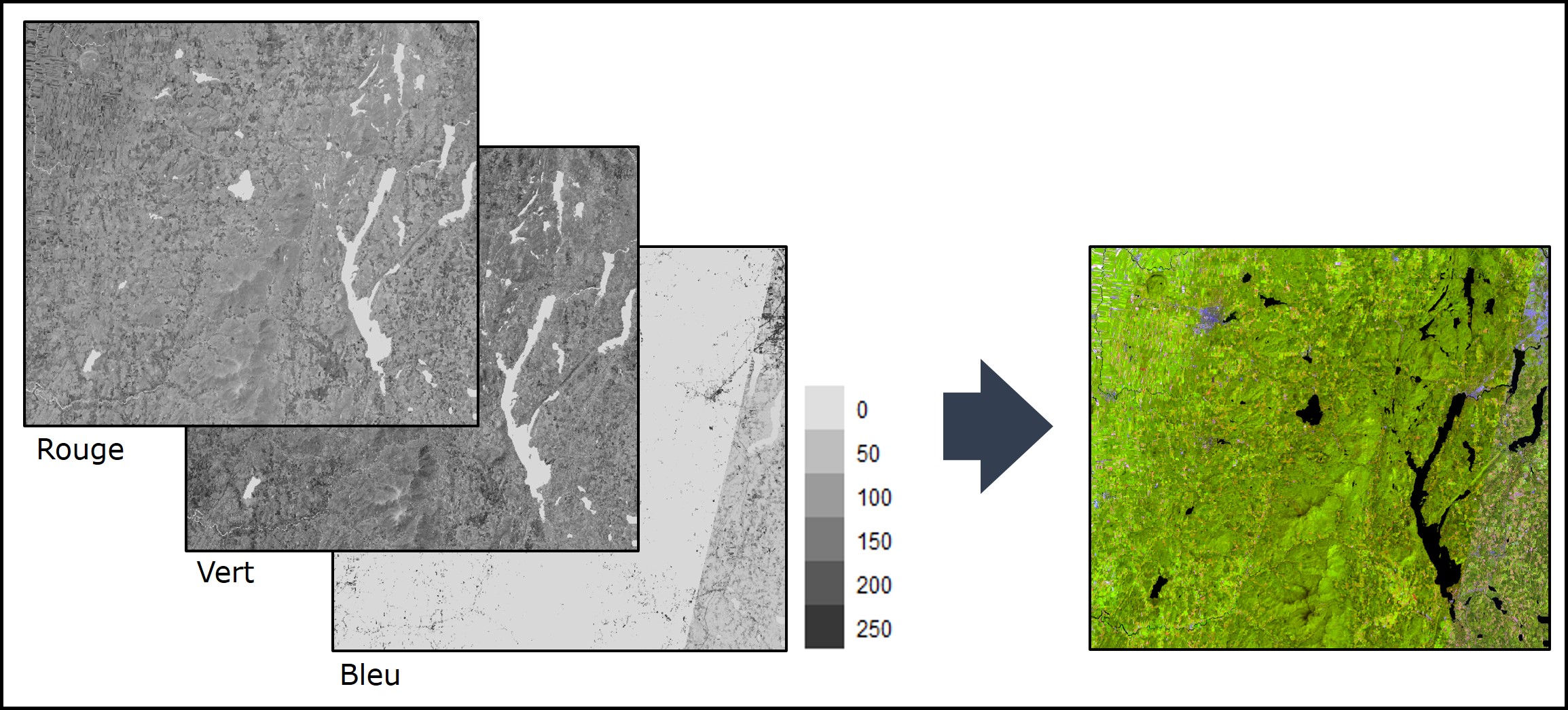 Image satellitaire de région de l’Estrie. Le raster multi-bande contient une bande de rouge, une bande de vert et une bande de bleu. L’image couleur s’obtient en combinant les trois bandes.  Source de données: https://mern.gouv.qc.ca/nos-publications/spatiocarte-quebec/