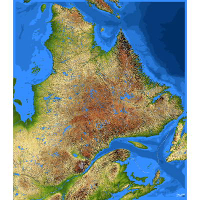 Exemples de données vectorielles et matricielles. Gauche: La carte délimitant les régions administratives du Québec est formée à partir de données vectorielles. Droite: La carte topographique du Québec (source : [https://mern.gouv.qc.ca/repertoire-geographique/carte-relief-quebec/)](https://mern.gouv.qc.ca/repertoire-geographique/carte-relief-quebec/))