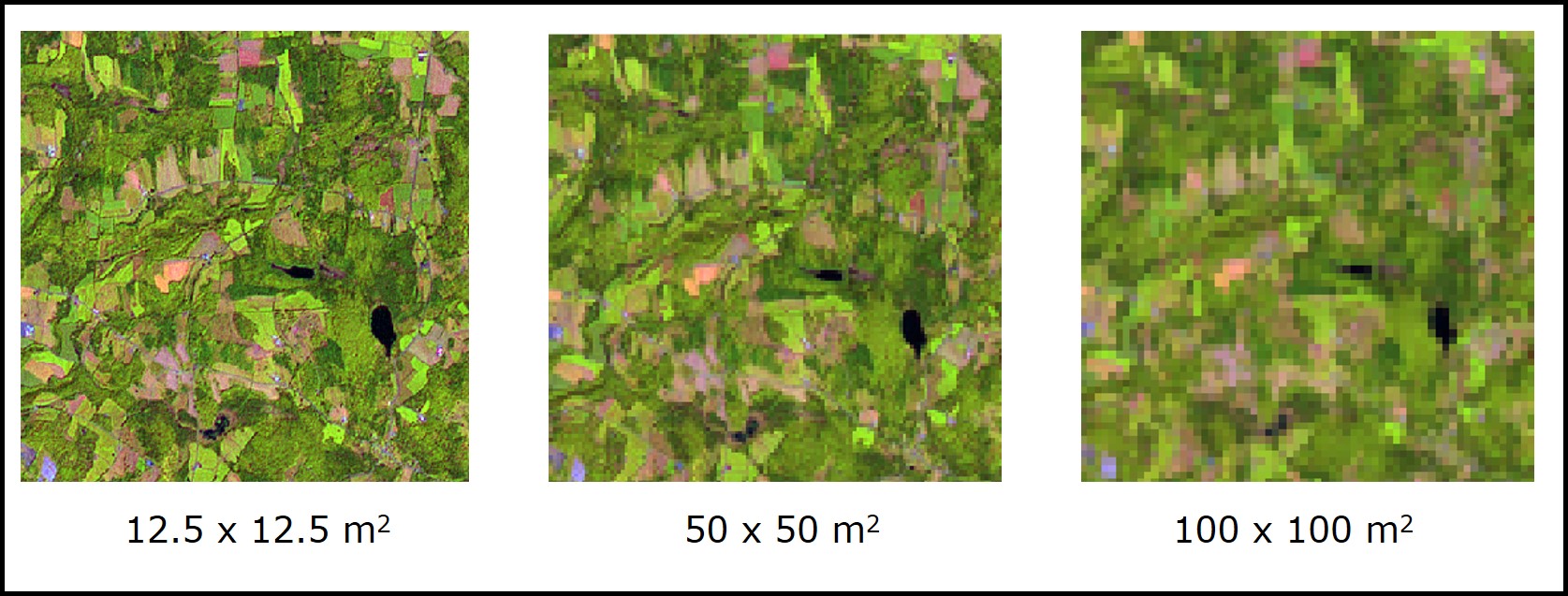 Exemple du concept de résolution: plus la résolution est grande, plus la taille des cellules est petite. Dans cette figure, la résolution diminue de droite à gauche, et la taille des cellules augmente. Source de données: https://mern.gouv.qc.ca/nos-publications/spatiocarte-quebec/