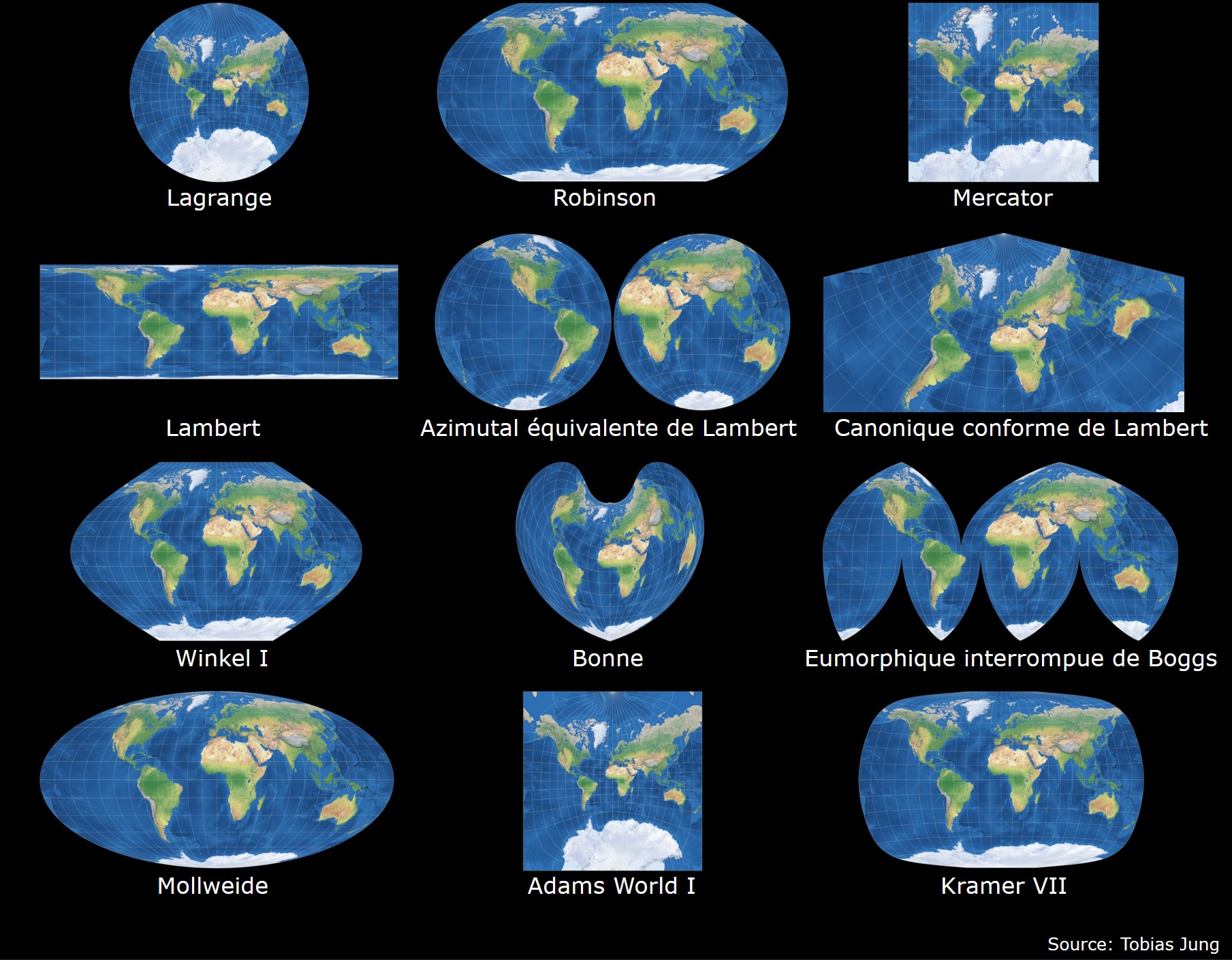 Sélection de 12 projections.  L’ensemble des cartes est tiré du site : https://map-projections.net/